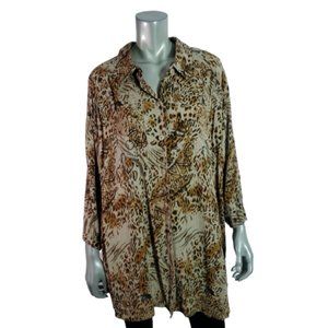 Fashion Bug‎ Top Plus Size 30/32 Leopard Print Crinkle Button Up Collared Brown